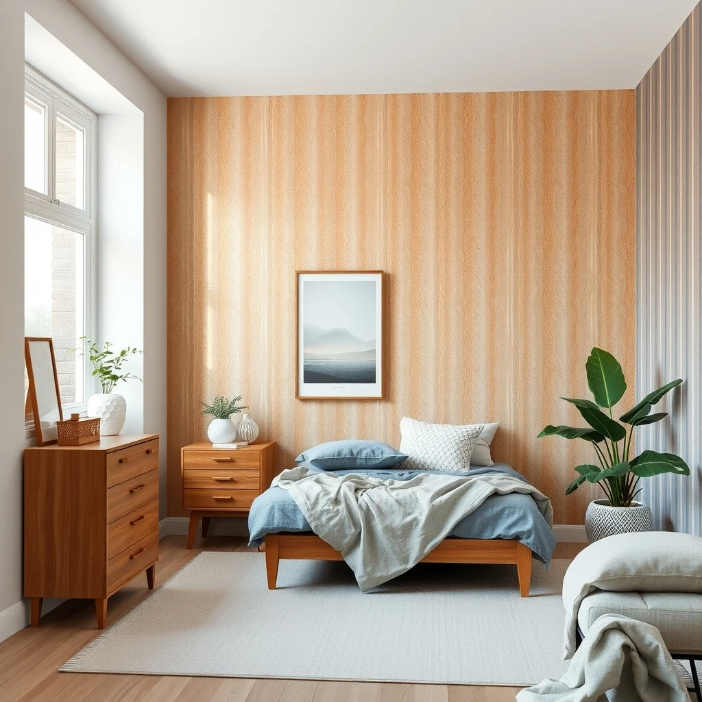 Removable Wallpaper Ideas for Small Bedrooms and Rental Homes interior: 3. Textured Metallic Stripes for a Touch of Modernity - Metallic finishes can bring a contemporary edge to a modest bedroom, especially when applied as narrow vertical stripes. A removable wallpaper with brushed copper or muted pewter lines adds subtle sheen that catches ambient light,