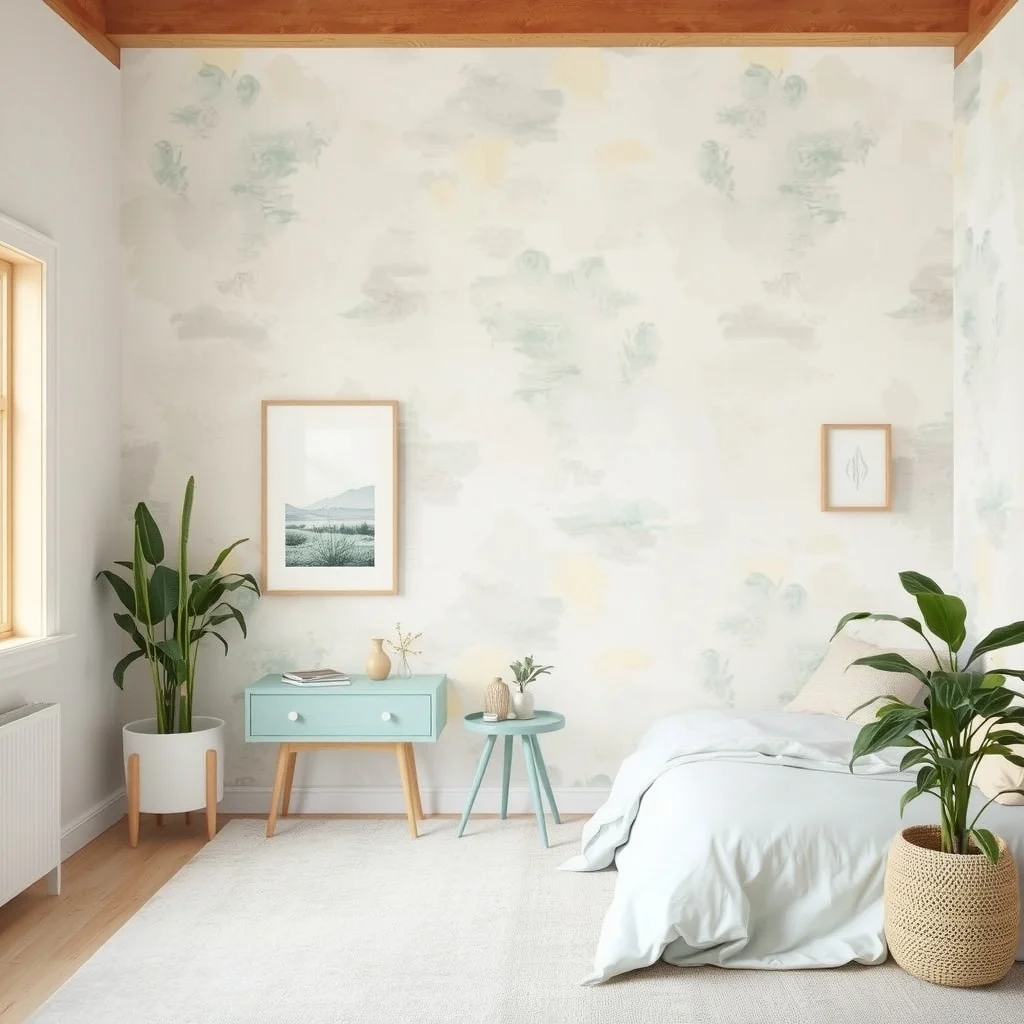 Removable Wallpaper Ideas for Small Bedrooms and Rental Homes interior: 4. Soft‑Focus Watercolor Washes for a Serene Backdrop - Watercolor‑style removable wallpaper mimics the look of ‑painted washes, offering a dreamy backdrop that softens a small room. Light blues, gentle mauves, or warm sand tones blend seamlessly into each other, producing an almost imperceptible