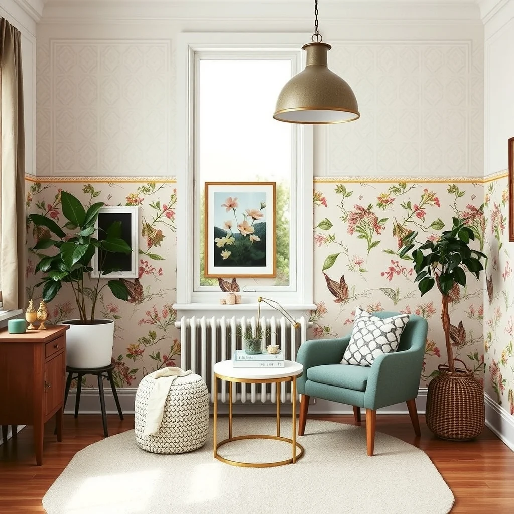 Removable Wallpaper Ideas for Small Bedrooms and Rental Homes interior: 5. Vintage‑Inspired Floral Borders for a Classic Touch - For renters who love a hint of nostalgia but lack the freedom to install crown molding, a removable wallpaper border can deliver that decorative flourish. Choose a thin strip—no more than six inches high—featuring a