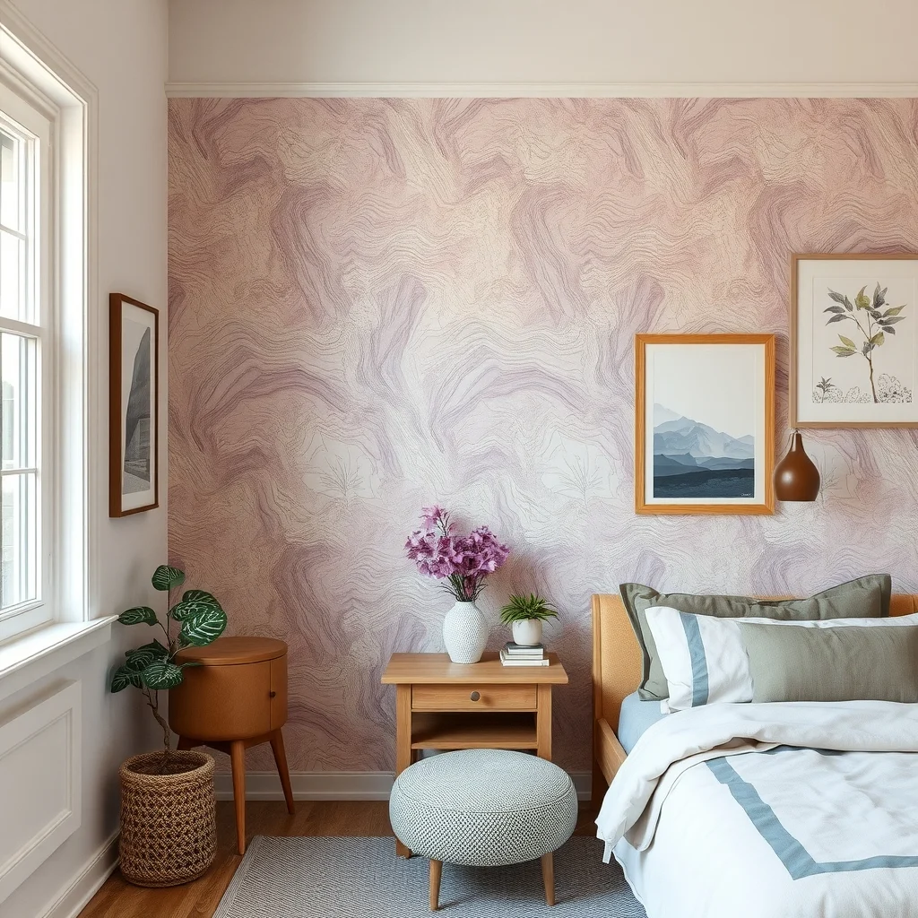 Removable Wallpaper Ideas for Small Bedrooms and Rental Homes interior: 6. Geode‑Inspired Textured Panels for an Unexpected Accent - Geode patterns—think layered, mineral‑like veining in soft purples, grays, and creams—add a tactile dimension that feels both natural and sophisticated. Removable wallpaper that mimics this look often includes a slight embossing, giving the surface a