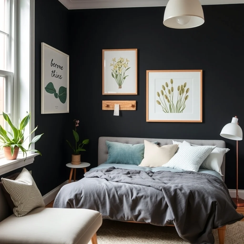 Removable Wallpaper Ideas for Small Bedrooms and Rental Homes interior: 7. Chalkboard‑Style Removable Wallpaper for Functional Fun - In a small bedroom where space for notes and reminders is scarce, a chalkboard‑style removable wallpaper turns a wall into a functional canvas. The matte black surface invites you to write daily to‑do lists, inspirational