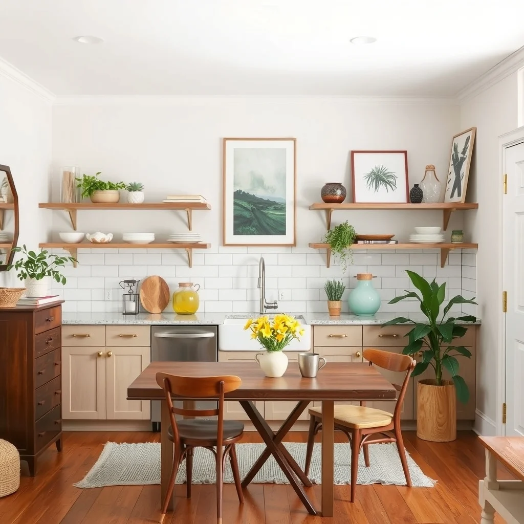Rental Kitchen Decorating Ideas That Hide Outdated Cabinets interior: 3. Add Open Shelving to Break Up the Upper Cabinets - Replacing a row of upper cabinets with floating shelves creates visual interest and distracts from the lower cabinets that you may not want to alter. Brushed brass brackets or reclaimed wood planks provide a contemporary