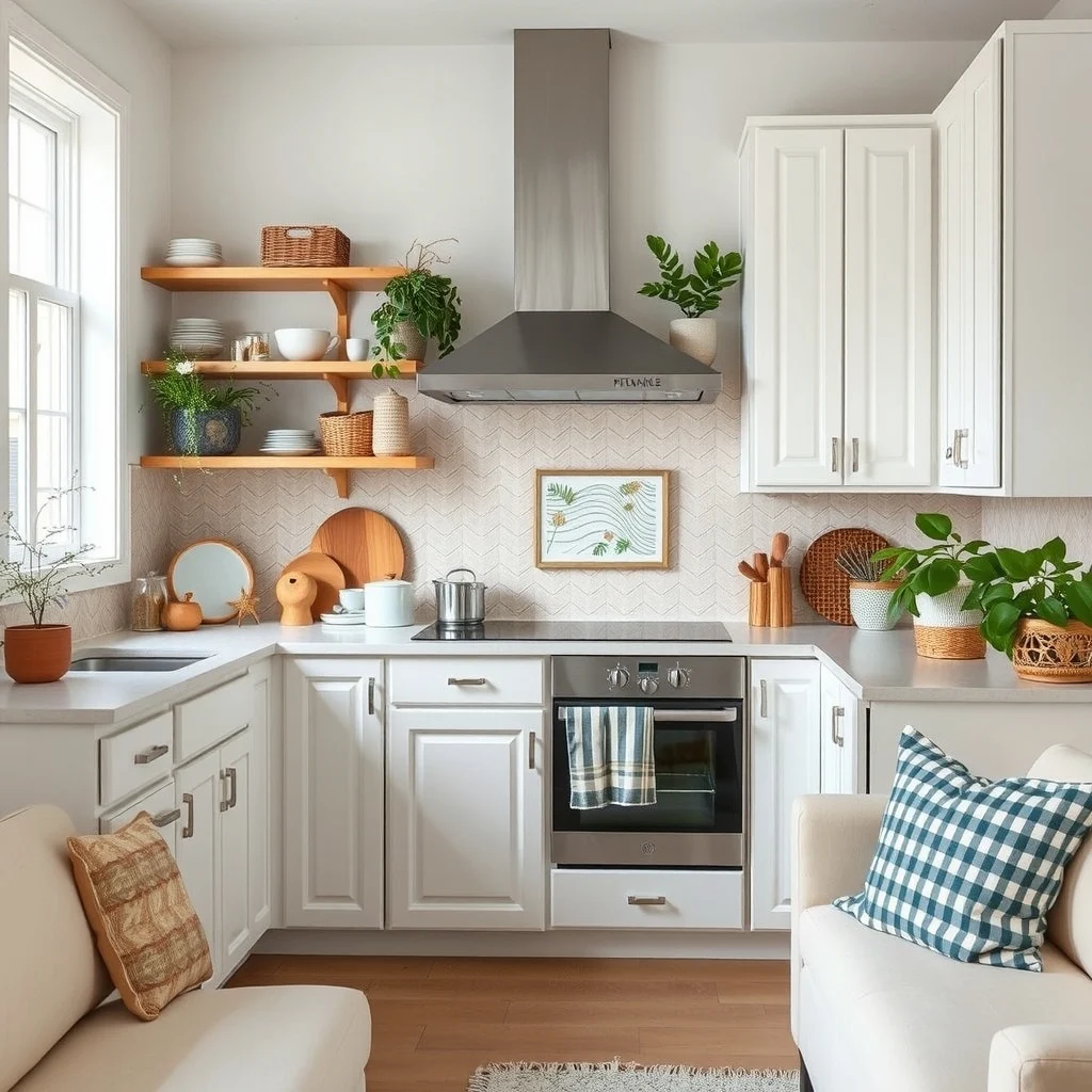 Rental Kitchen Decorating Ideas That Hide Outdated Cabinets interior: 4. Use a Bold Backsplash to Shift Focus - A patterned or textured backsplash draws the eye away from the cabinet fronts and becomes the centerpiece of the kitchen. Peel‑and‑stick tiles are a renter‑friendly choice; they adhere firmly but can be removed cleanly. A