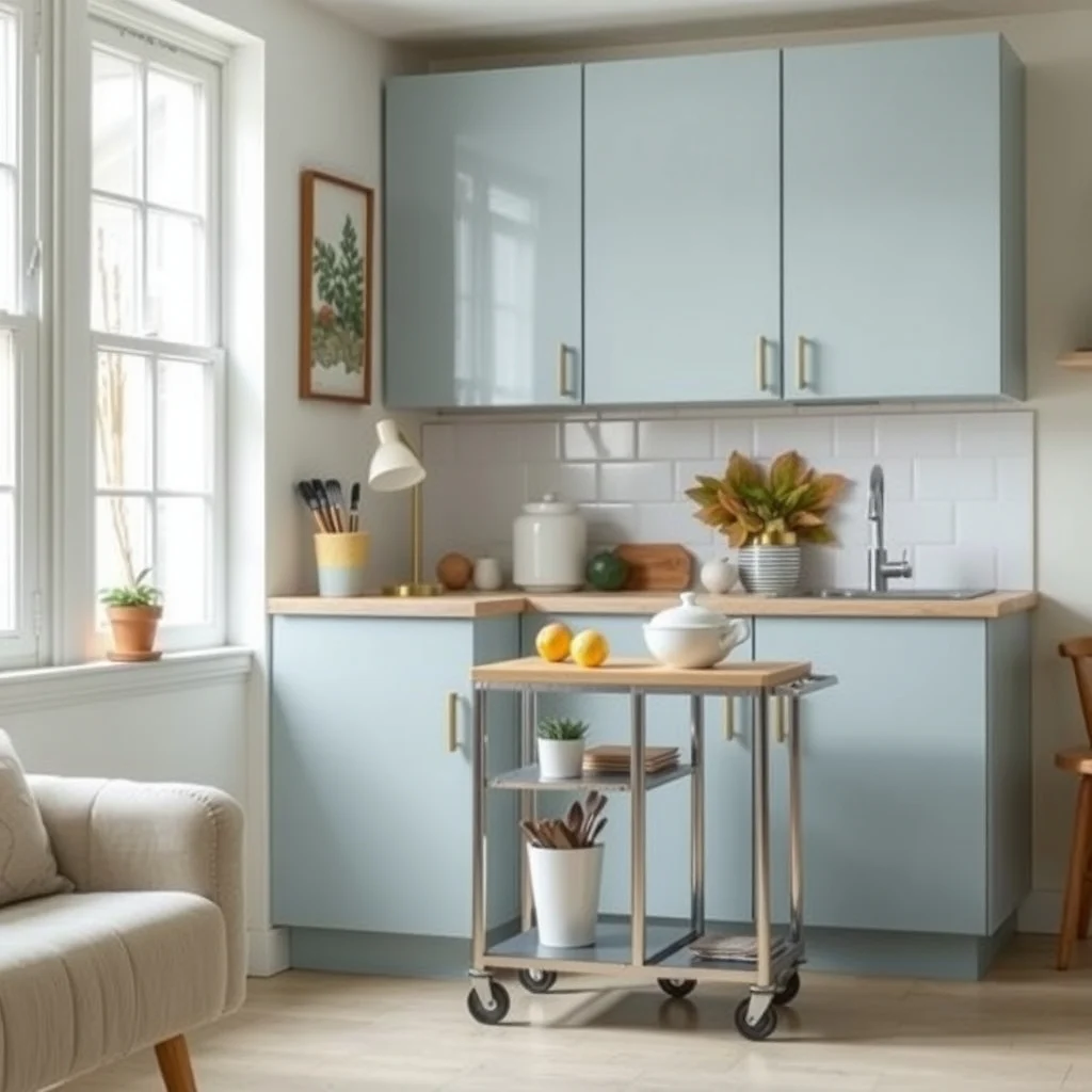 Rental Kitchen Decorating Ideas That Hide Outdated Cabinets interior: 6. Introduce a Portable Kitchen Island or Cart - A rolling island or utility cart can sit in front of the cabinets, providing extra countertop space and storage while masking the lower portion of the cabinets entirely. Choose a piece with a metal frame