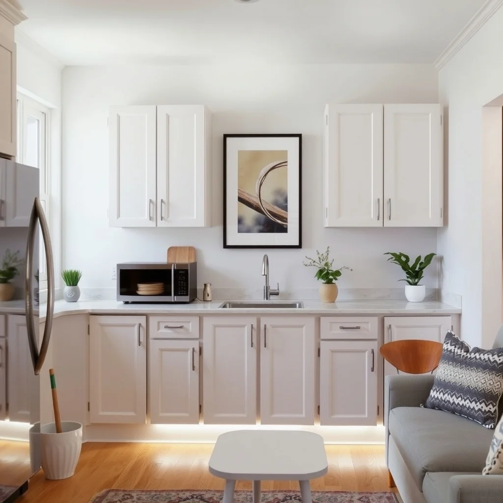 Rental Kitchen Decorating Ideas That Hide Outdated Cabinets interior: 7. Light the Space with Under‑Cabinet LED Strips - Adding a thin strip of LED lighting under the cabinets not only improves task illumination but also creates a soft glow that visually lifts the cabinet fronts. Battery‑operated or plug‑in strips with adhesive backs are