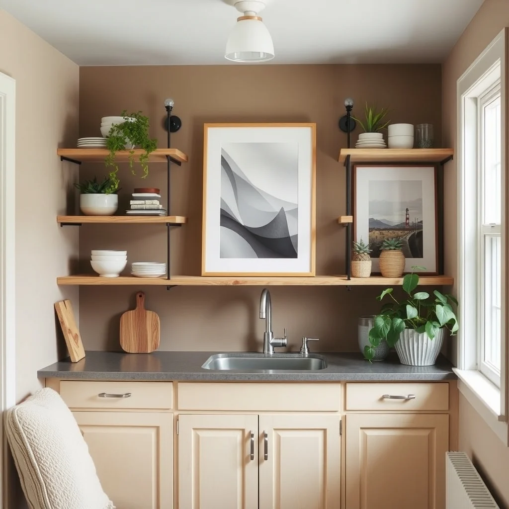 Rental Kitchen Makeover Ideas That Transform Cabinets and Countertops interior: 5. Open shelving with tension rods - Closed cabinet fronts can make a kitchen feel closed‑in, especially when the layout is narrow. Installing open shelving using tension rods and wooden planks creates visual openness without drilling into walls. The rods fit snugly