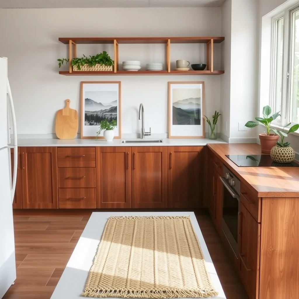 Rental Kitchen Makeover Ideas That Transform Cabinets and Countertops interior: 7. Add a decorative countertop runner - A runner made of woven seagrass, reclaimed wood, or patterned fabric can soften a hard countertop while protecting it from scratches. Placed across the middle of the work surface, the runner creates a layered look