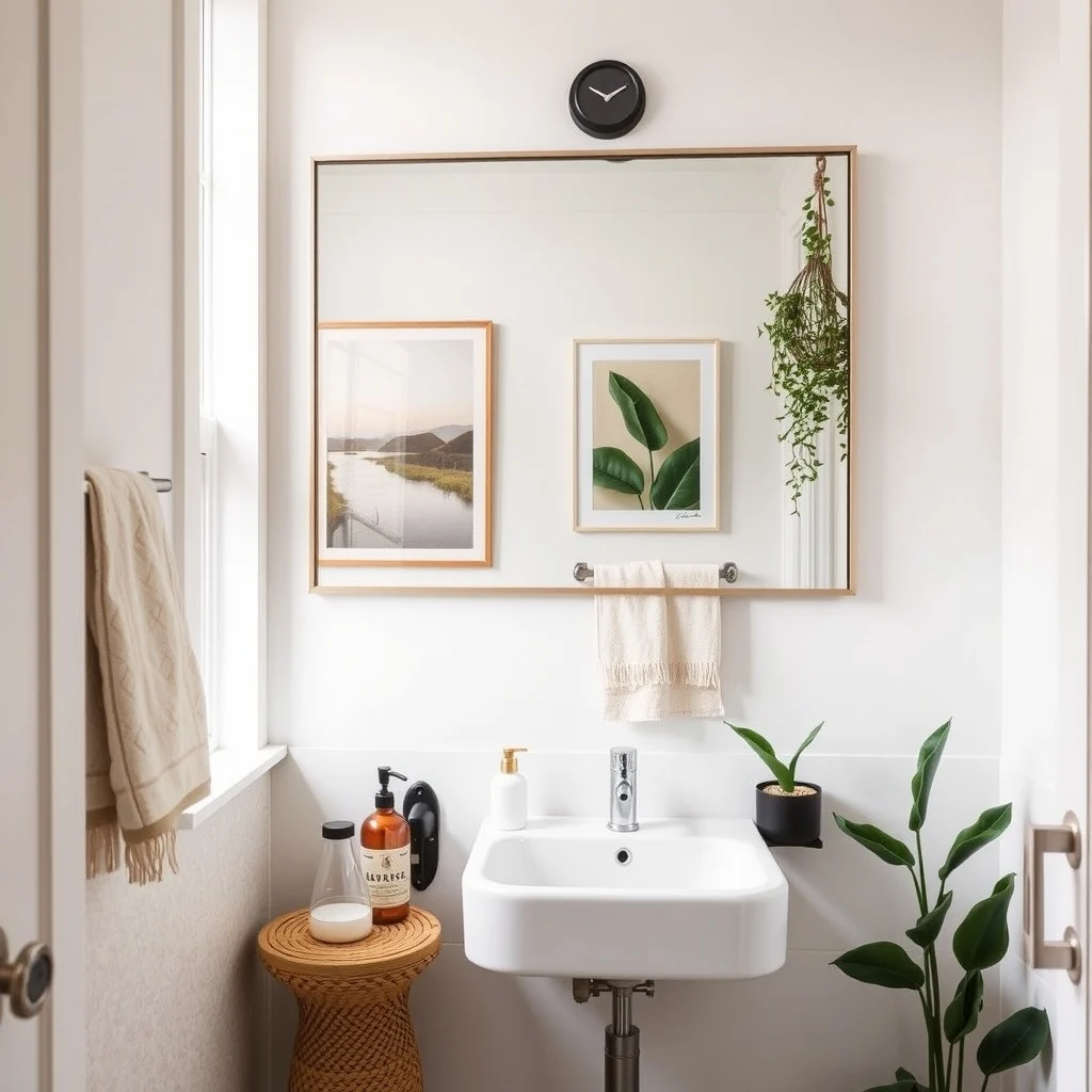 Renter-Friendly Bathroom Makeover Ideas With No Permanent Changes interior: 4. Statement Mirror with No‑Drill Mounting - A large mirror can double the visual size of a compact bathroom, and modern no‑drill mounting systems make installation straightforward. Heavy‑duty adhesive strips or suction‑cup brackets hold mirrors up to 30 pounds, allowing you to