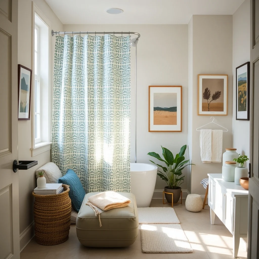 Renter-Friendly Bathroom Makeover Ideas With No Permanent Changes interior: 7. Refresh Textiles and Accessories - Sometimes the simplest changes make the biggest impact. Swapping an old shower curtain for a patterned, water‑resistant fabric instantly updates the room’s color story. Coordinating bath mats, towels, and a set of decorative jars