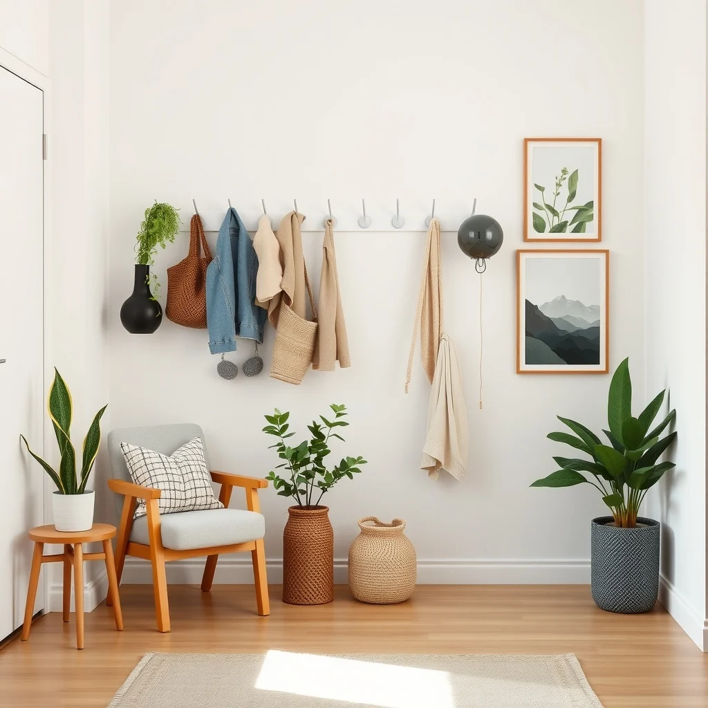 Renter-Friendly Entryway Ideas for Apartments Without an Entrance Hall interior: 2. Hang a Multi‑Hook Wall Organizer - Vertical space is often underutilized in small apartments, and a wall‑mounted hook rack can turn an empty section of wall into a functional storage zone. Opt for a design with a mix of long hooks