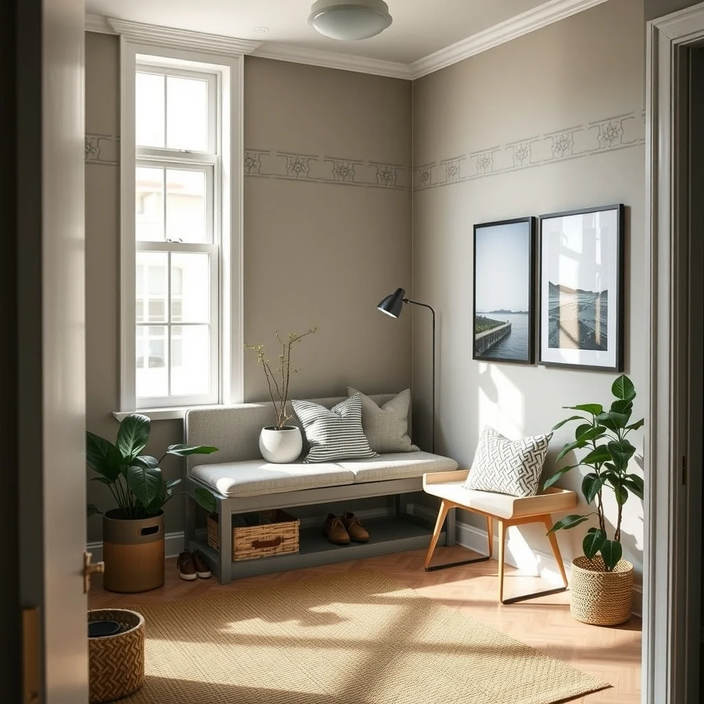 Renter-Friendly Entryway Ideas for Apartments Without an Entrance Hall interior: 4. Incorporate a Slim Storage Bench - A bench that fits into the entryway provides seating for putting on shoes and a concealed drawer or cubby for stashing belongings. Look for a bench with a depth of 14–16 inches, which is narrow