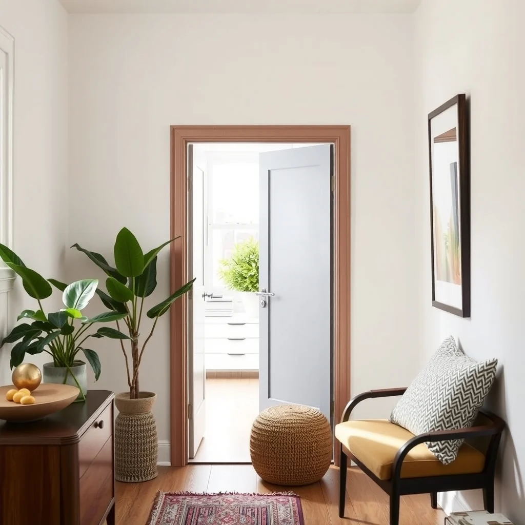 Renter-Friendly Entryway Ideas for Apartments Without an Entrance Hall interior: 5. Add a Tall Mirror with a Narrow Frame - Mirrors do more than reflect light; they create an illusion of depth, making a cramped entry feel larger. A tall, narrow mirror—perhaps 6 high and 12 inches wide—mounted on the wall opposite the door