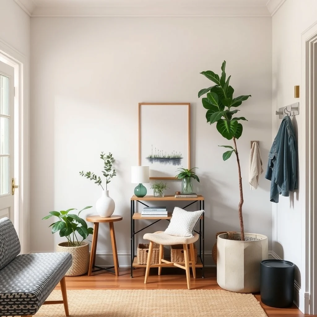 Renter-Friendly Entryway Ideas for Apartments Without an Entrance Hall interior: 6. Layer Light with a Compact Table Lamp or Wall Sconce - Good lighting can transform an entry from a dim passage into a welcoming threshold. A small table lamp placed on the console or a wall sconce mounted near the hook rack adds focused illumination for