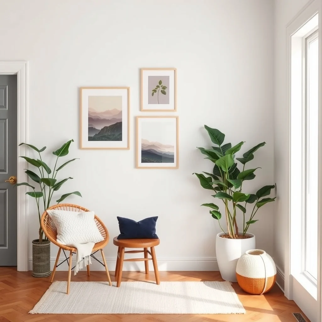 Renter-Friendly Entryway Ideas for Apartments Without an Entrance Hall interior: 7. Curate a Minimalist Gallery Wall - Personalizing the entry with a few carefully chosen artworks or photographs can give the space personality without adding clutter. A gallery wall composed of three to five frames, each no larger than 12 inches square,