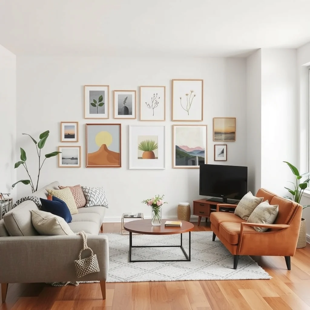 Renter-Friendly Living Room Ideas That Look Custom Without Renovation interior: 5. Gallery Walls Built With Damage‑Free Mounting - Personal art and photographs turn a generic living room into a storybook of your experiences. Command‑strip picture hangers let you arrange a gallery wall without nails, protecting the plaster while still supporting frames up to