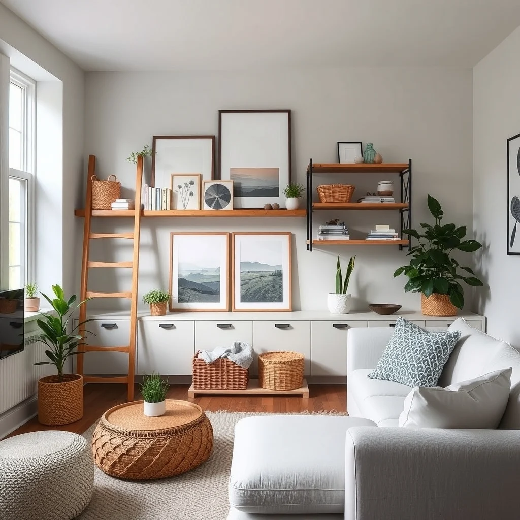 Renter-Friendly Living Room Ideas That Look Custom Without Renovation interior: 6. Open Shelving Paired With Decorative Baskets - Freestanding open shelves give the illusion of built‑in storage while staying fully portable. A ladder‑style shelf made from reclaimed pine can lean against a wall, offering display space for books, ceramics, and plants. To keep