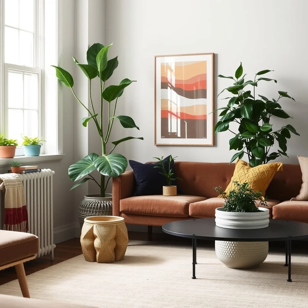 Renter-Friendly Living Room Ideas That Look Custom Without Renovation interior: 7. Greenery That Brings Life Without Permanent Fixtures - Plants are the simplest way to add color, improve air quality, and soften hard lines. A tall fiddle‑leaf fig in a textured ceramic pot can fill an empty corner, while a row of small succulents