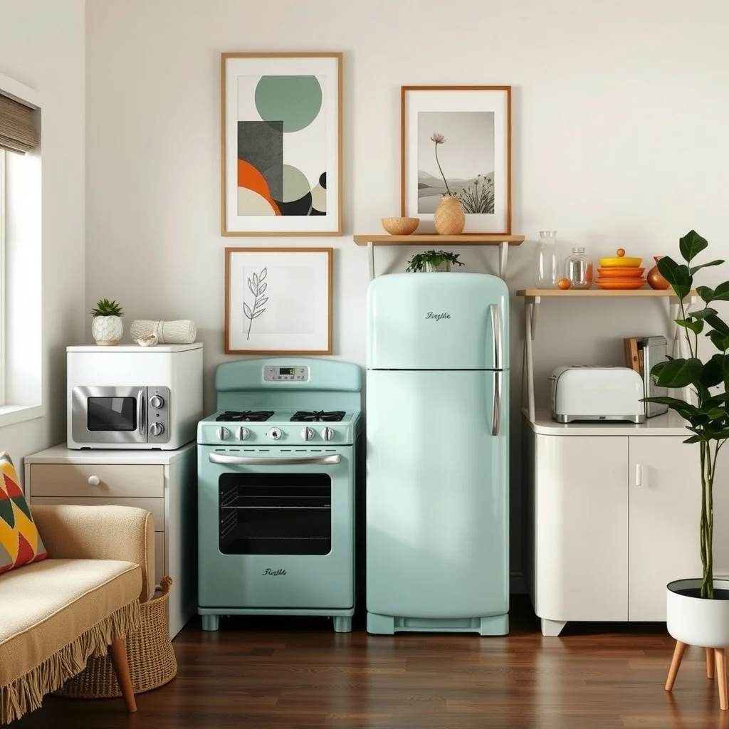Retro inspired appliance lineup pastel mint refrigerator rounded front range in soft cream chrome trimmed toaster each piece gleams with modern energy efficient interiors while echoing mid century curves