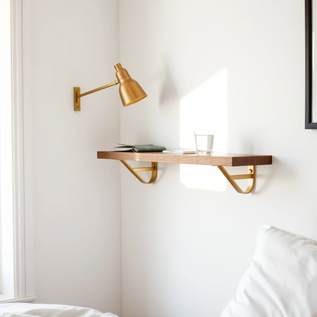 Scandinavian bedroom corner brushed brass bracket supporting narrow floating white oak shelf lamp book glass of water soft natural light from nearby window shallow depth angled perspective