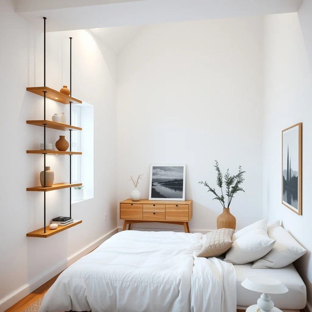 Scandinavian bedroom crisp white walls narrow floating pine shelves climbing toward ceiling displaying minimalist ceramic vases soft recessed LED strip highlights a tall