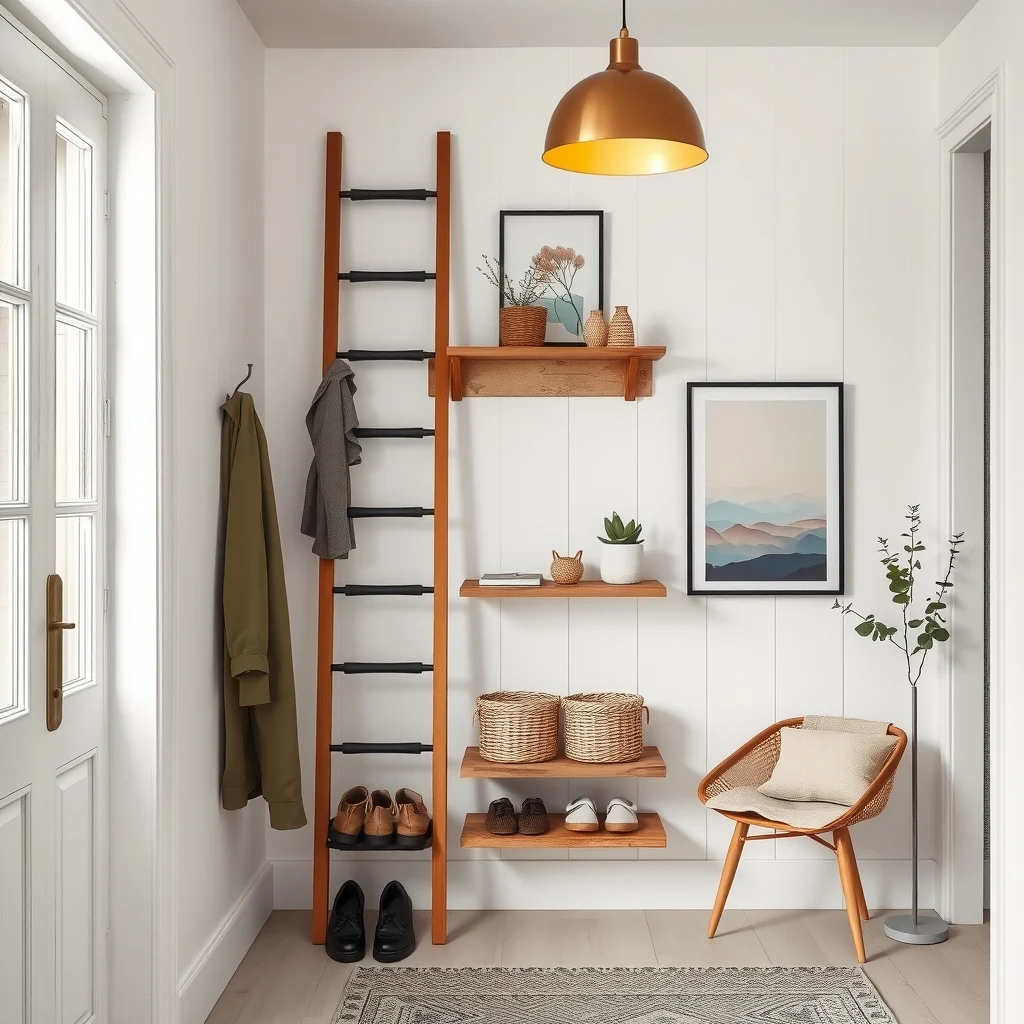 Scandinavian hallway featuring a slim reclaimed pine ladder leaning on a whitewashed wall brushed brass hooks and matte black rungs hold coats while tiered wooden shelves display shoes and woven baskets under warm pendant glow