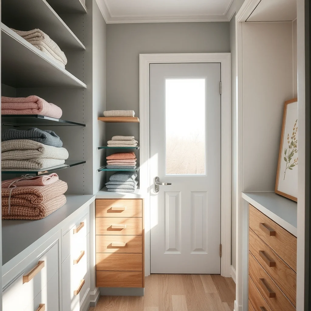 Scandinavian inspired closet interior light gray painted shelves clear acrylic dividers separating pastel sweater stacks natural oak drawer fronts diffused daylight from frosted door subtle botanical print on side panel