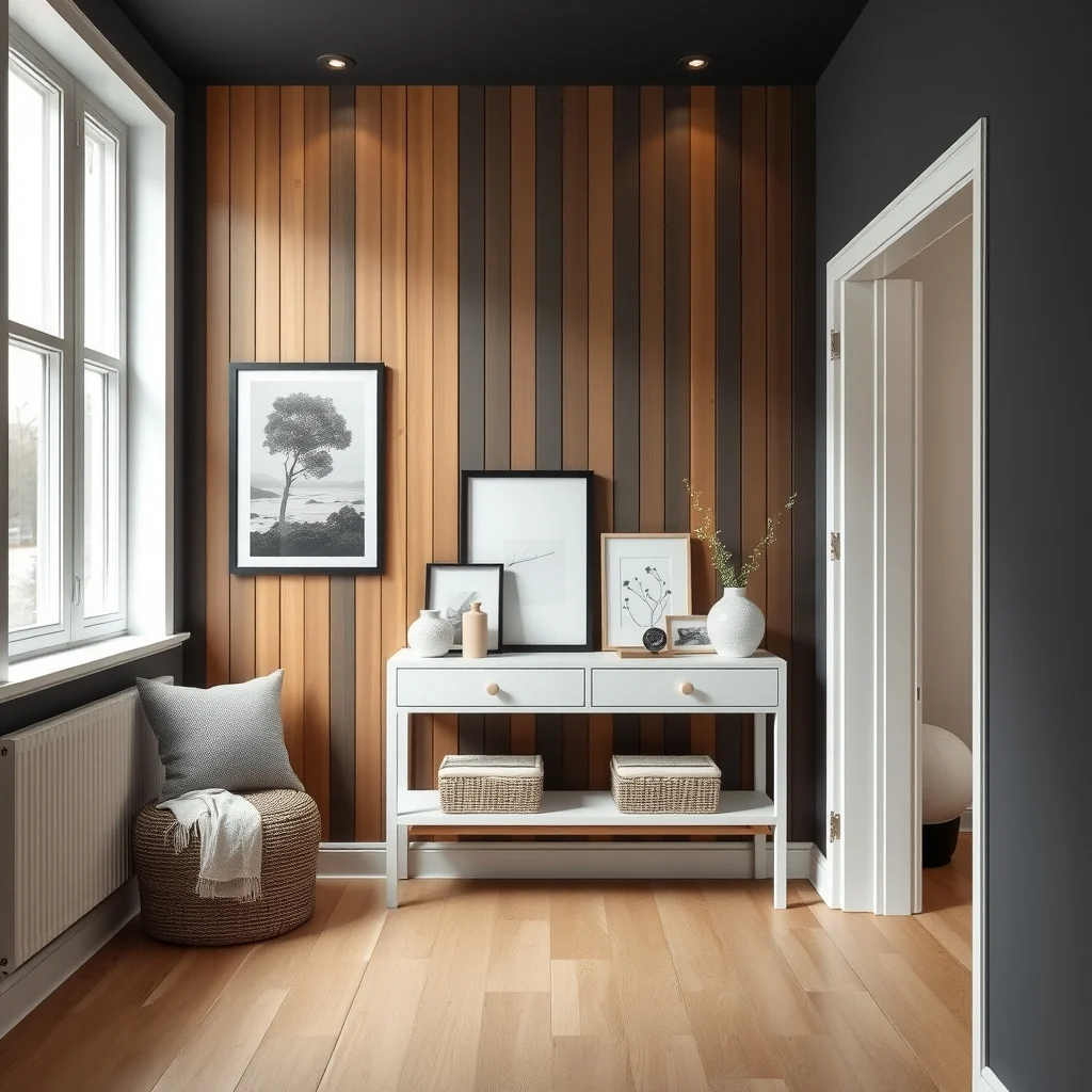 Scandinavian inspired hallway features reclaimed bamboo slats adhered vertically their natural golden grain contrasting with matte charcoal paint soft recessed lighting emphasizes texture while a simple white console rests below