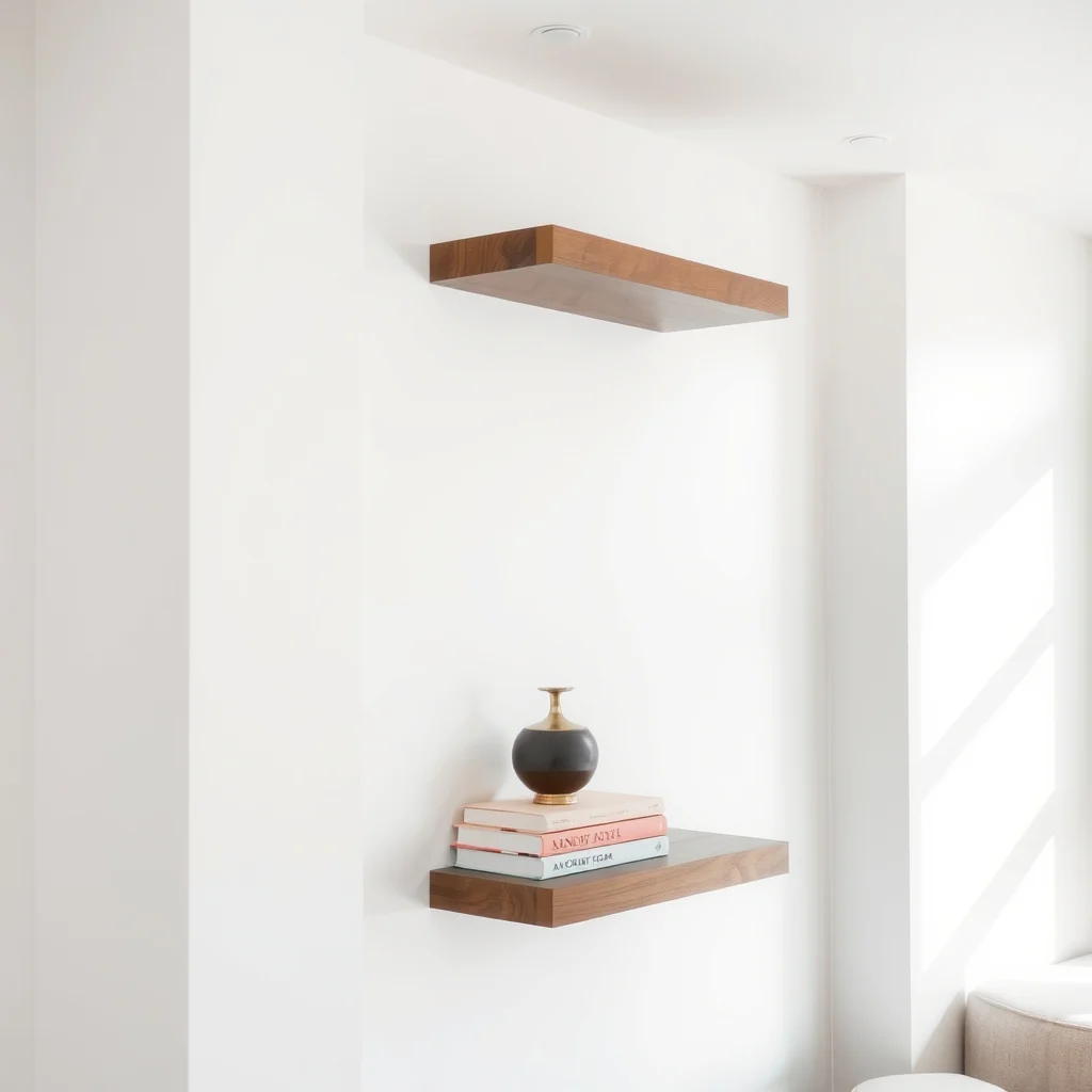 Scandinavian-inspired narrow floating walnut shelves at eye level mounted on crisp white wall a small ceramic vase a bronze sculpture and a pastel book stack create balanced visual interest illuminated by recessed ceiling light