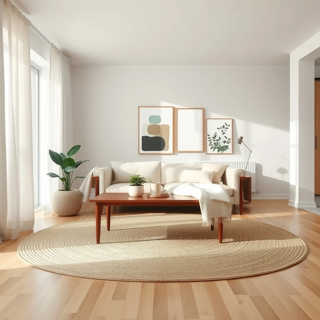 Scandinavian inspired open plan space with natural jute low pile rug grounding hardwood floor floor to ceiling linen curtains in ivory soft white throw blanket draped over a wooden coffee table gentle daylight