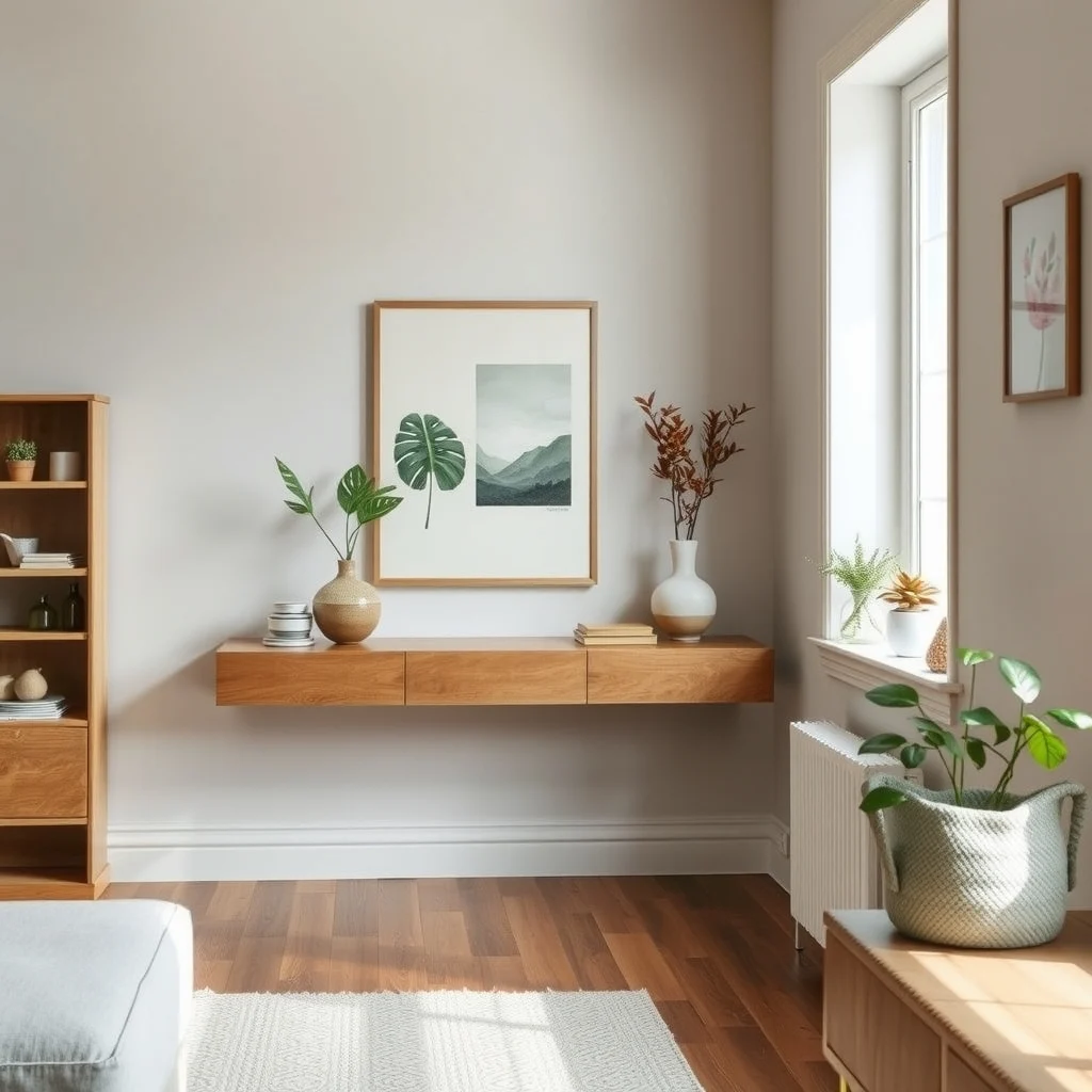 Scandinavian inspired room with a low floating reclaimed pine shelf at 30