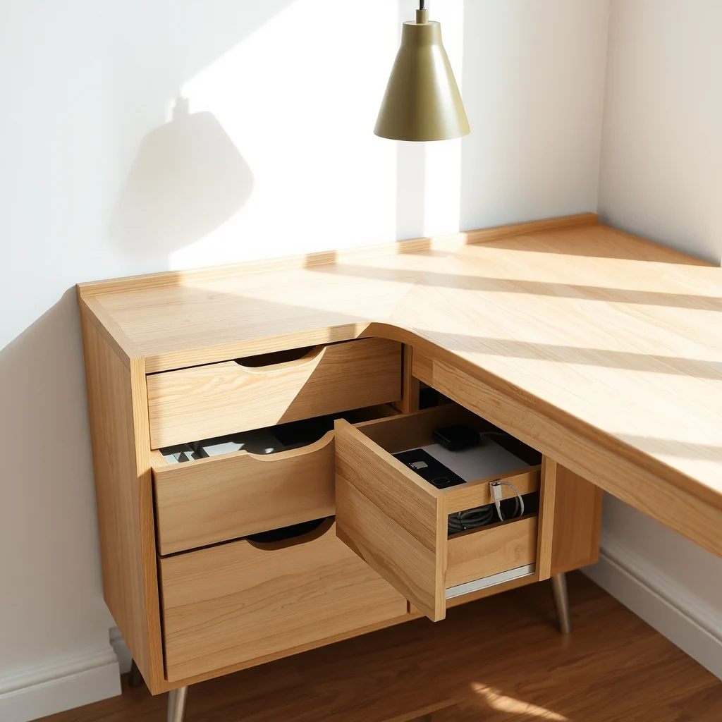 Scandinavian L shaped corner desk in light ash wood integrated brushed steel drawers matte white wall pendant lamp casting gentle shadows close up vignette emphasizing smooth surface hidden pen holder and charging cable compartment