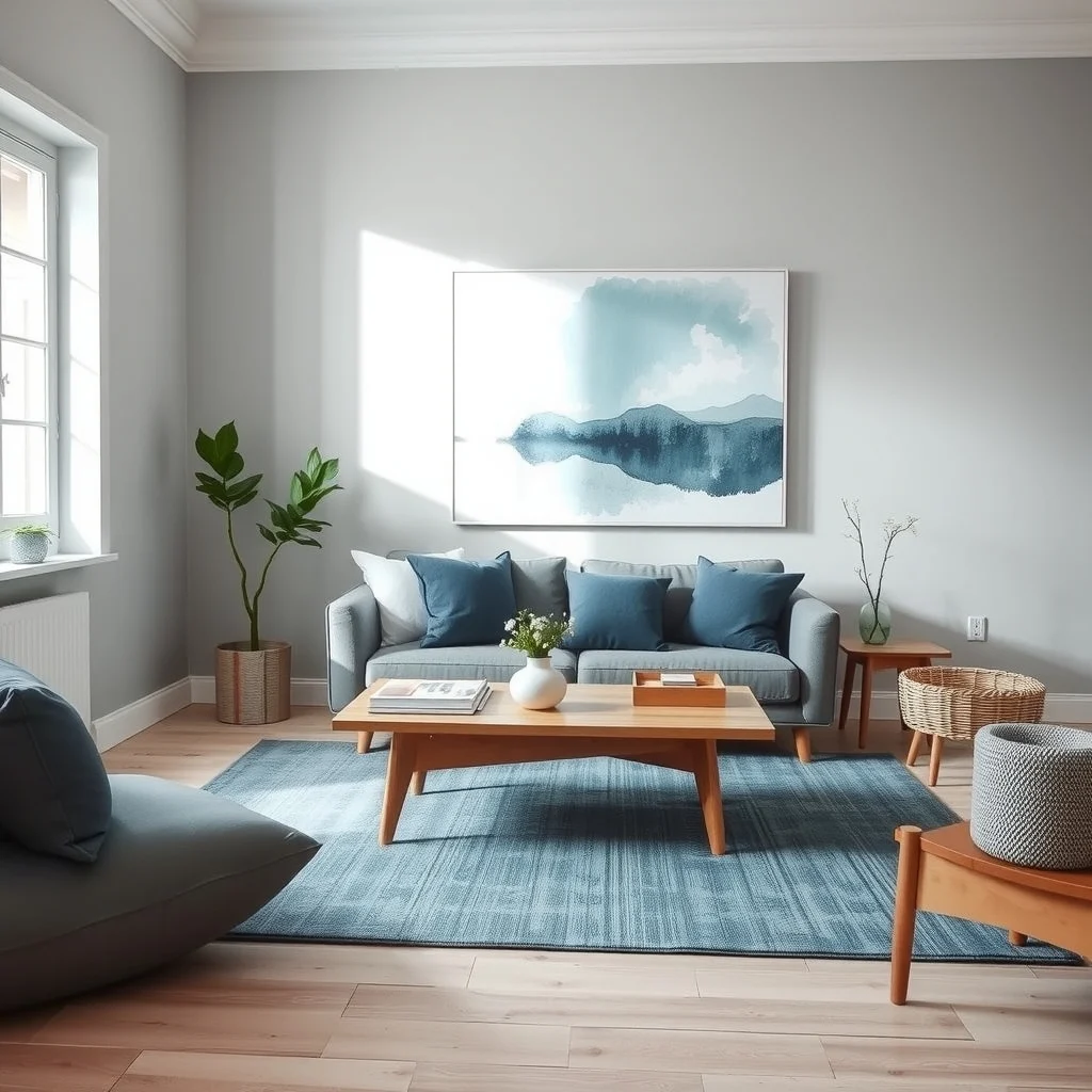 Scandinavian living room with soft gray walls a low-budget oak coffee table centered on a muted blue rug coordinating slate cushions and a large abstract teal white canvas natural light streams from a nearby window