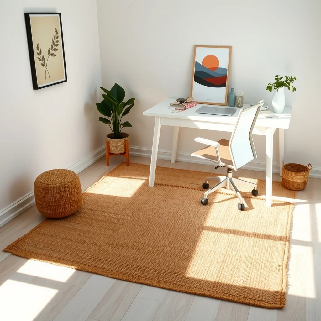 Scandinavian-style workspace with low-pile jute rug under sleek white desk and ergonomic chair natural light from window soft shadows subtle boundary