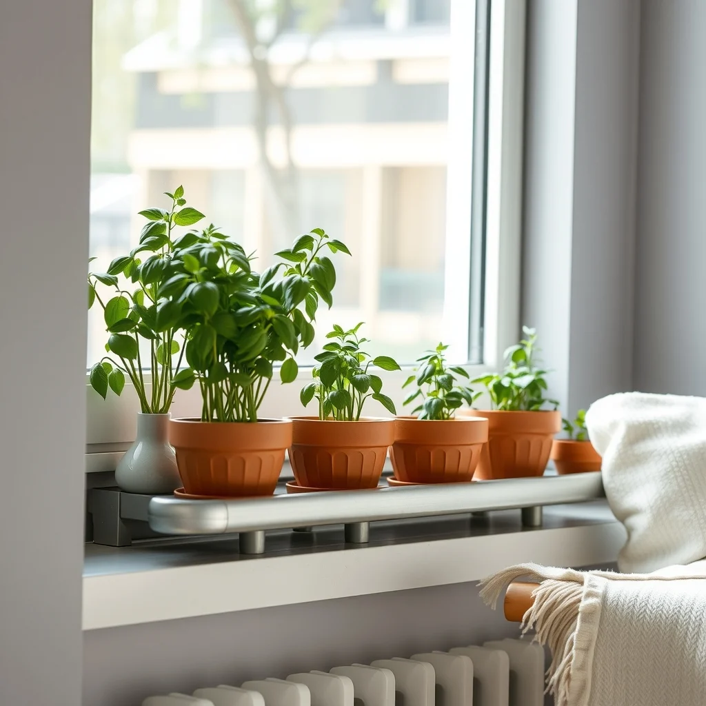 Single row of potted succulents and basil herbs on a brushed metal windowsill muted gray backdrop bright indirect light close up focus minimalist Japandi style with green accents