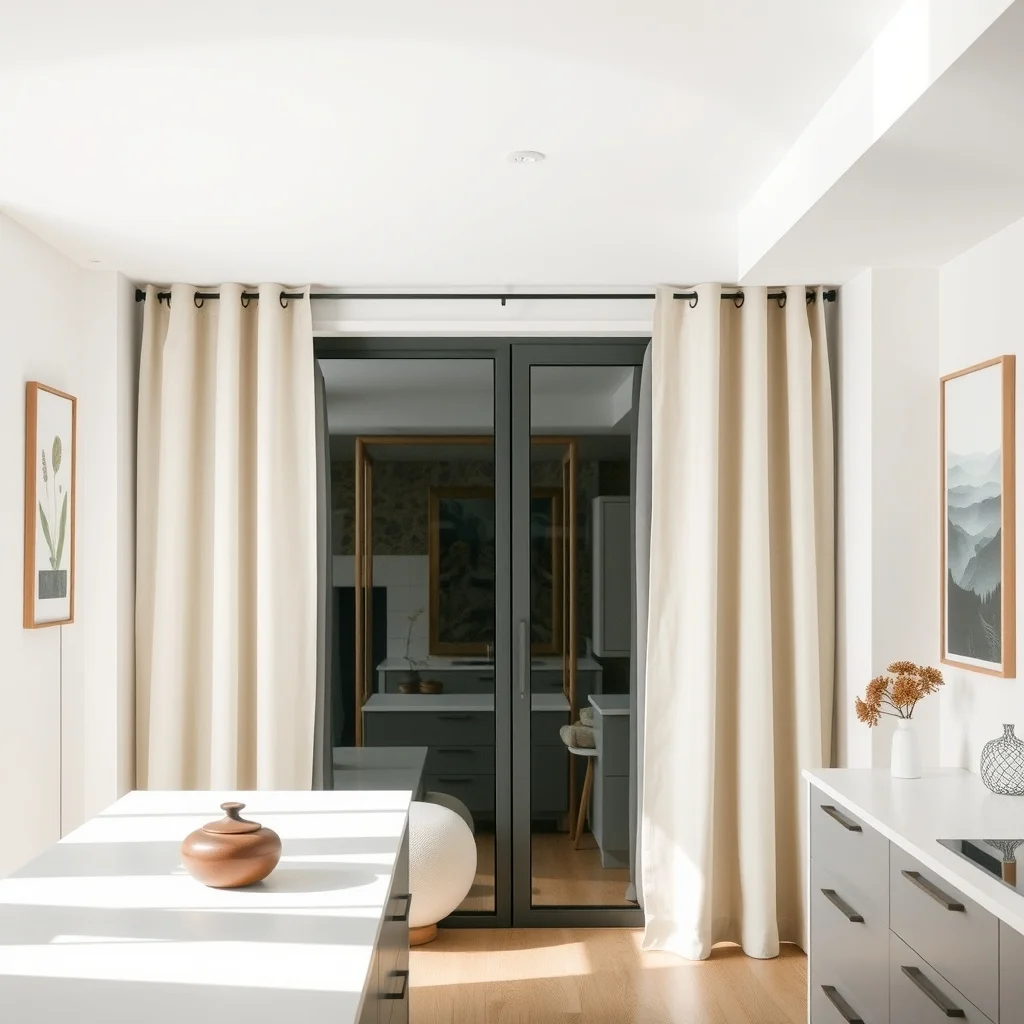 Sleek linen curtain panels on a thin ceiling mounted track ivory and soft sage diffusing gentle daylight captured in a wide shot of a contemporary kitchen with white quartz countertops