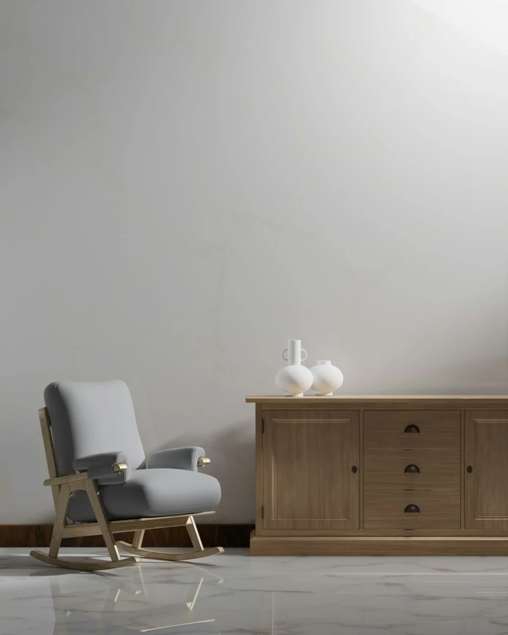 Sleek Scandinavian living room showcases floating oak shelves with recessed white fronts appearing to hover behind each