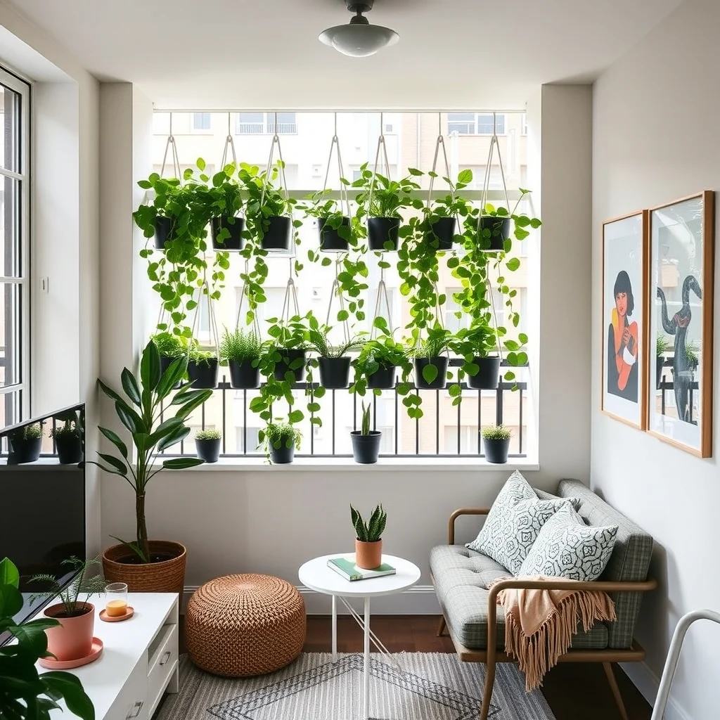 Small Balcony Decorating Ideas for Renters With No Privacy interior: 2. Add a Hanging Garden for Visual Buffer - Vertical greenery works like a living curtain, softening sightlines from the street and neighboring balconies. Install a series of modular, self‑watering planters that hook onto the railing with simple clamps. Choose plants with varied leaf