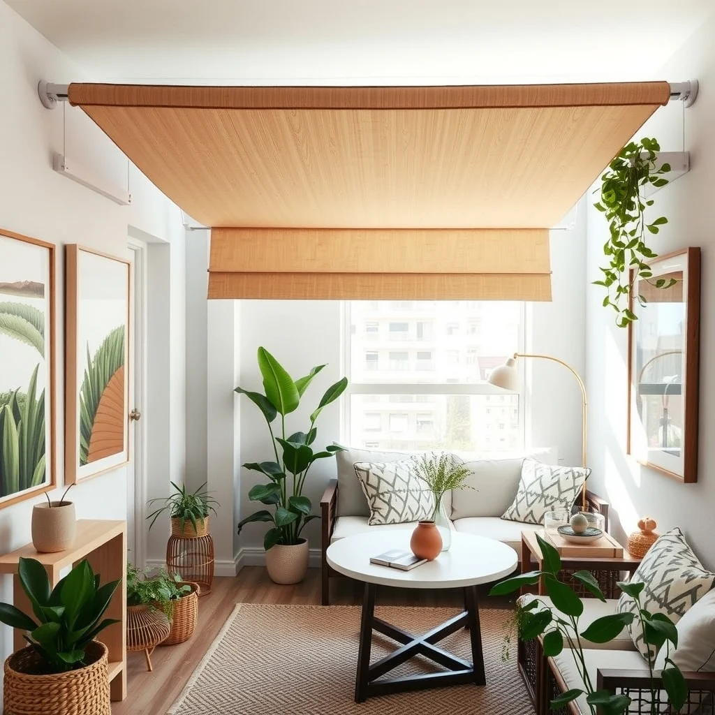 Small Balcony Decorating Ideas for Renters With No Privacy interior: 4. Install a Retractable Awning for Shade and Seclusion - A fabric awning that slides on a simple track can be extended on sunny days and retracted when you want an open feel. Choose a canvas with a subtle stripe or a solid earth tone