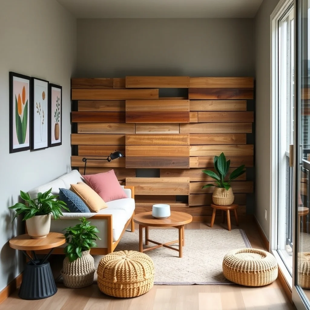 Small Balcony Decorating Ideas for Renters With No Privacy interior: 5. Use a Low‑Profile Room Divider Made from Reclaimed Wood - Reclaimed wood panels bring warmth and a sense of enclosure without feeling heavy. Select a set of thin slats that can be leaned against the railing and interlocked to form a short wall. The natural