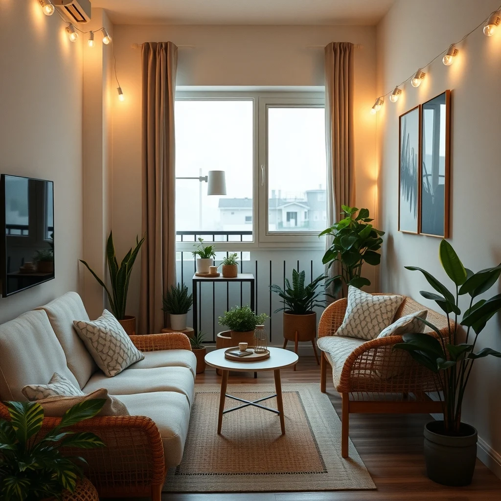 Small Balcony Decorating Ideas for Renters With No Privacy interior: 6. Layer Soft Lighting to Define the Space After Dark - Strategic lighting can transform an exposed balcony into a private retreat once the sun sets. String LED lights along the railing, choosing warm white bulbs that emit a gentle glow without harsh glare. Complement the