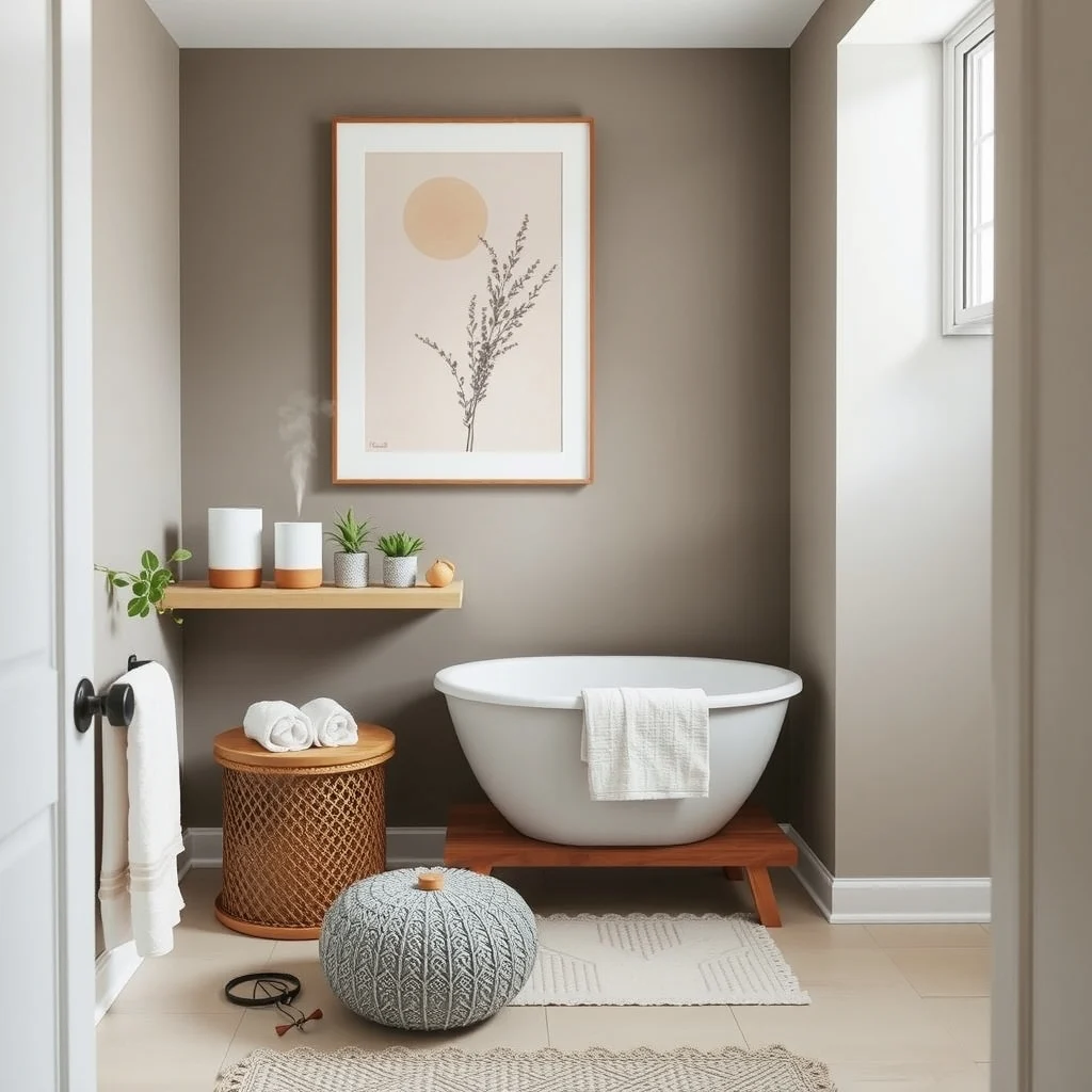 Small Bathroom Decor Ideas That Make a Basic Bathroom Feel Like a Spa interior: 7. Incorporate Scent and Sound for Full‑ Relaxation - A spa experience isn’t complete without aroma and gentle sound. An ultrasonic essential‑oil diffuser placed on a shelf releases a steady mist of eucalyptus or lavender, filling the room with a calming fragrance that lingers