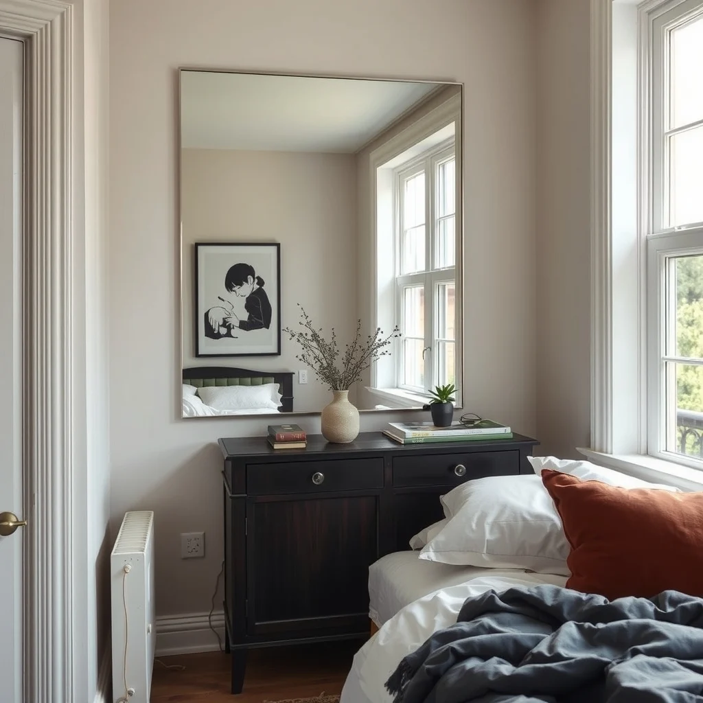 Small Bedroom Corner Ideas That Make Every Inch Count interior: 6. Mirrored Corner Panel to Expand Visual Space - A mirrored panel installed at a corner reflects both natural and artificial light, creating the impression of a larger room. Choose a 120 × 80 cm mirror with a thin brushed‑nickel frame, or opt for a frameless edge‑polished