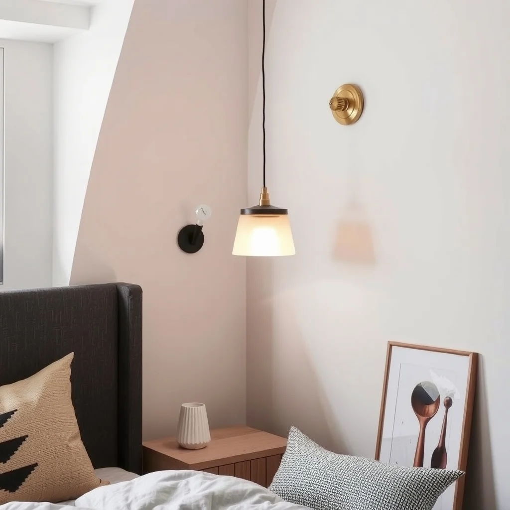 Small Bedroom Corner Ideas That Make Every Inch Count interior: 7. Multi‑Functional Corner Lighting with Pendant and Sconce Combo - A small pendant lamp paired with a low wall sconce adds layered light to a corner. The pendant hangs 45 cm above the ceiling and uses a frosted amber glass shade that softens the overhead glow.