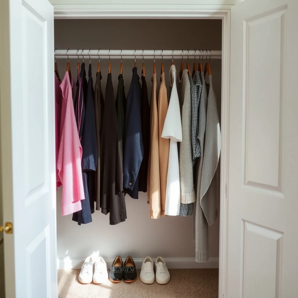 Small Closet Organization Ideas That Make Room for More Clothes interior: 5. Replace Standard Hangers with Slim Velvet or Bamboo Options - Traditional plastic or wooden hangers can add up quickly, especially when each piece of clothing has its own. Slim velvet hangers, only a few millimeters wide, nest close together, freeing up inches of horizontal space.