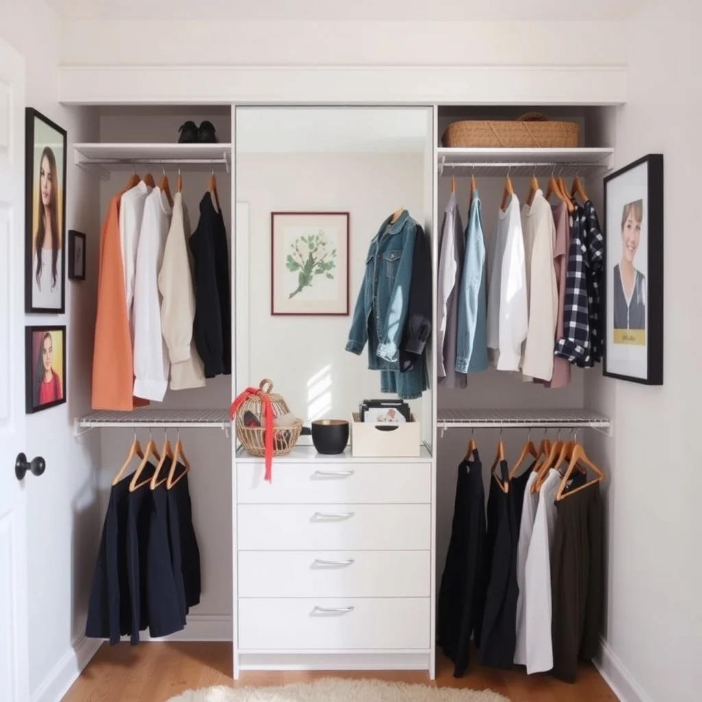 Small Closet Organization Ideas That Make Room for More Clothes interior: 6. Install a Back‑Panel Mirror to Expand Visual Space - A mirror placed on the back wall of a small closet does more than help you check an outfit; it reflects light and creates an illusion of depth. Opt for a frameless mirror that runs