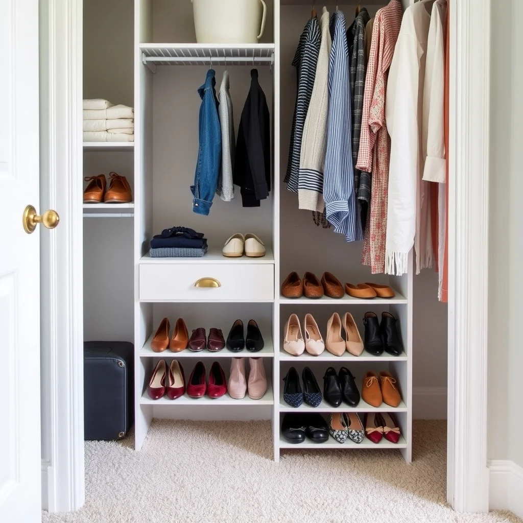 Small Closet Organization Ideas That Make Room for More Clothes interior: 7. Use a Tiered Pull‑Out Drawer for Seasonal Shoes - Shoes are often the culprits behind a cluttered closet floor. A narrow, tiered pull‑out drawer that slides on low‑friction runners can hold several pairs of flats, boots, or sandals in a single vertical column. Choose
