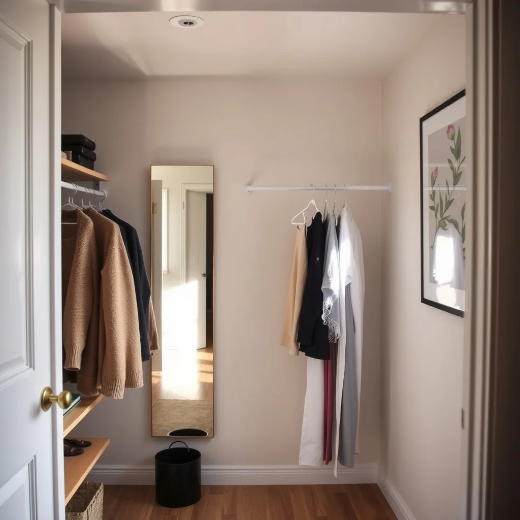 Small Closet Organization Ideas That Make Room for More Clothes interior: FAQ - How can I make a small closet look brighter? Adding a mirror to the back wall and installing LED strip lighting along the top of the hanging rod reflect light throughout the interior. The combination
