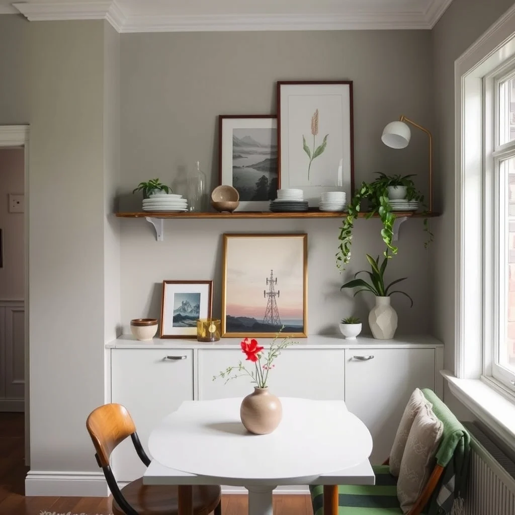 Small Dining Room Decorating Ideas That Make Meals Feel Special interior: 4. Install Open Shelving for Display and Storage - Open shelves mounted on a wall opposite the table turn an otherwise empty surface into a curated vignette. Arrange a mix of ceramic plates, glassware, and a few potted herbs to create visual interest and