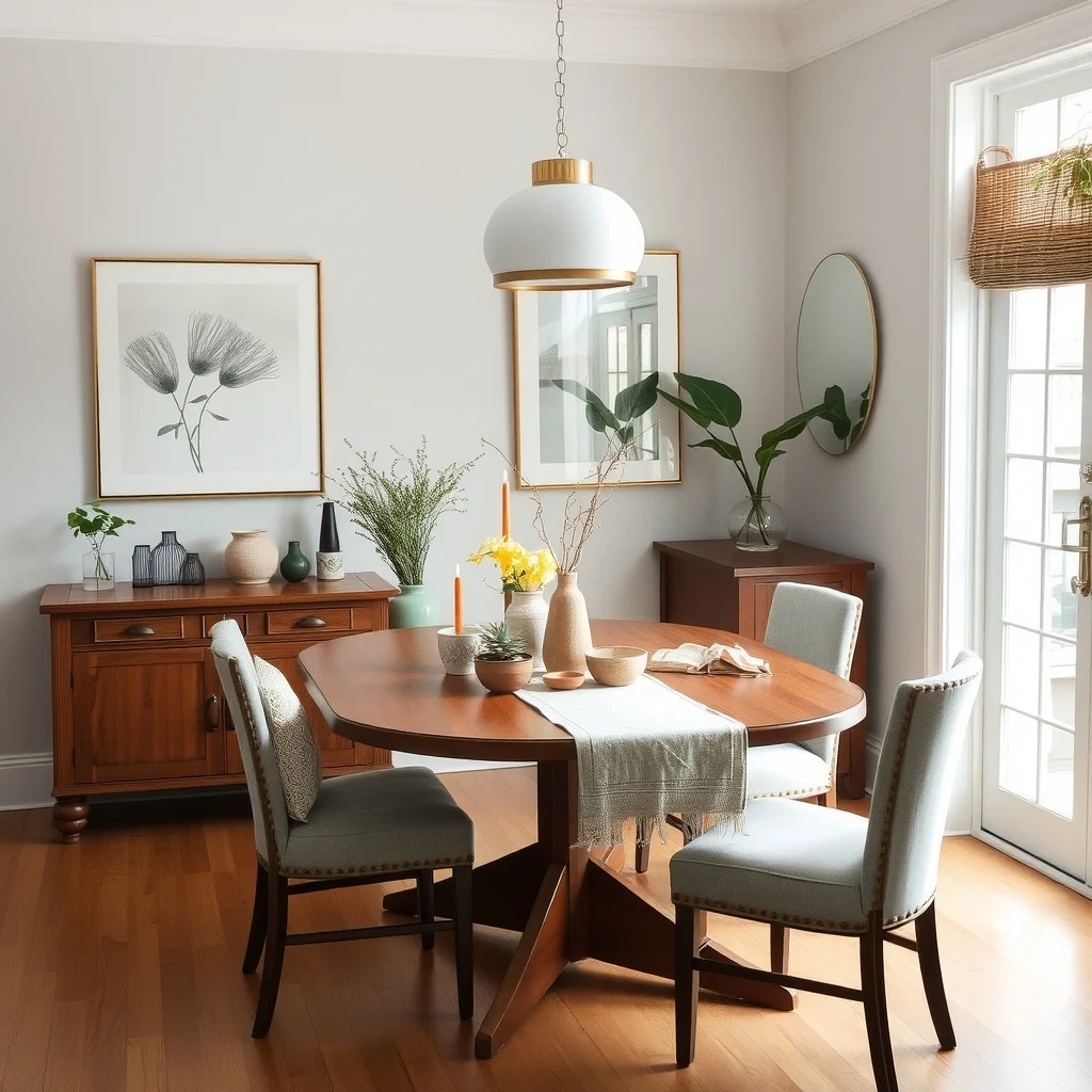 Small Dining Room Decorating Ideas That Make Meals Feel Special interior: 7. Create a Seasonal Focal Point With a Table Runner - Changing a table runner is one of the most economical ways to keep the dining room feeling fresh throughout the year. A linen runner in a natural hue serves as a neutral backdrop for seasonal