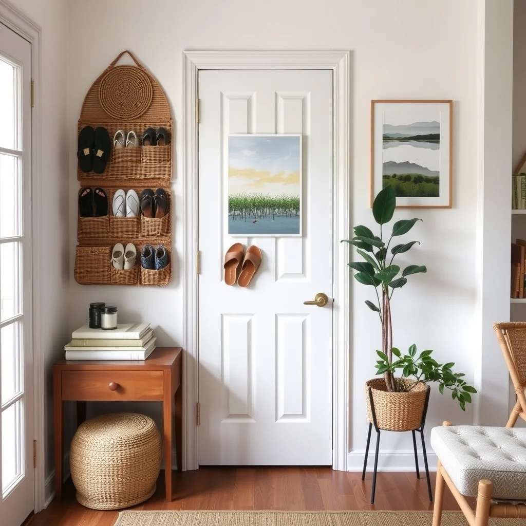 Small Entryway Storage Ideas That Hide Shoes and Everyday Clutter interior: 5. Over‑Door Organizer with Pocket‑Style Compartments - For apartments where wall space is at a premium, an over‑door organizer provides storage without permanent installation. Choose a made from woven rattan or powder‑coated steel, featuring deep pockets that can accommodate flats, sandals,